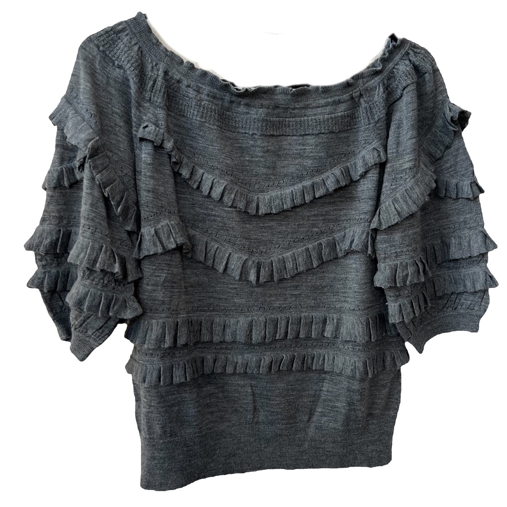 3.1 Phillip Lim Tiered Ruffle Wool Blend Top Grey Xs Wide Scoop Neck 1/2 Sleeve.